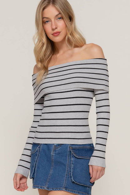 Long Sleeve Off The Shoulder Stripe Sweater Top - Spiro