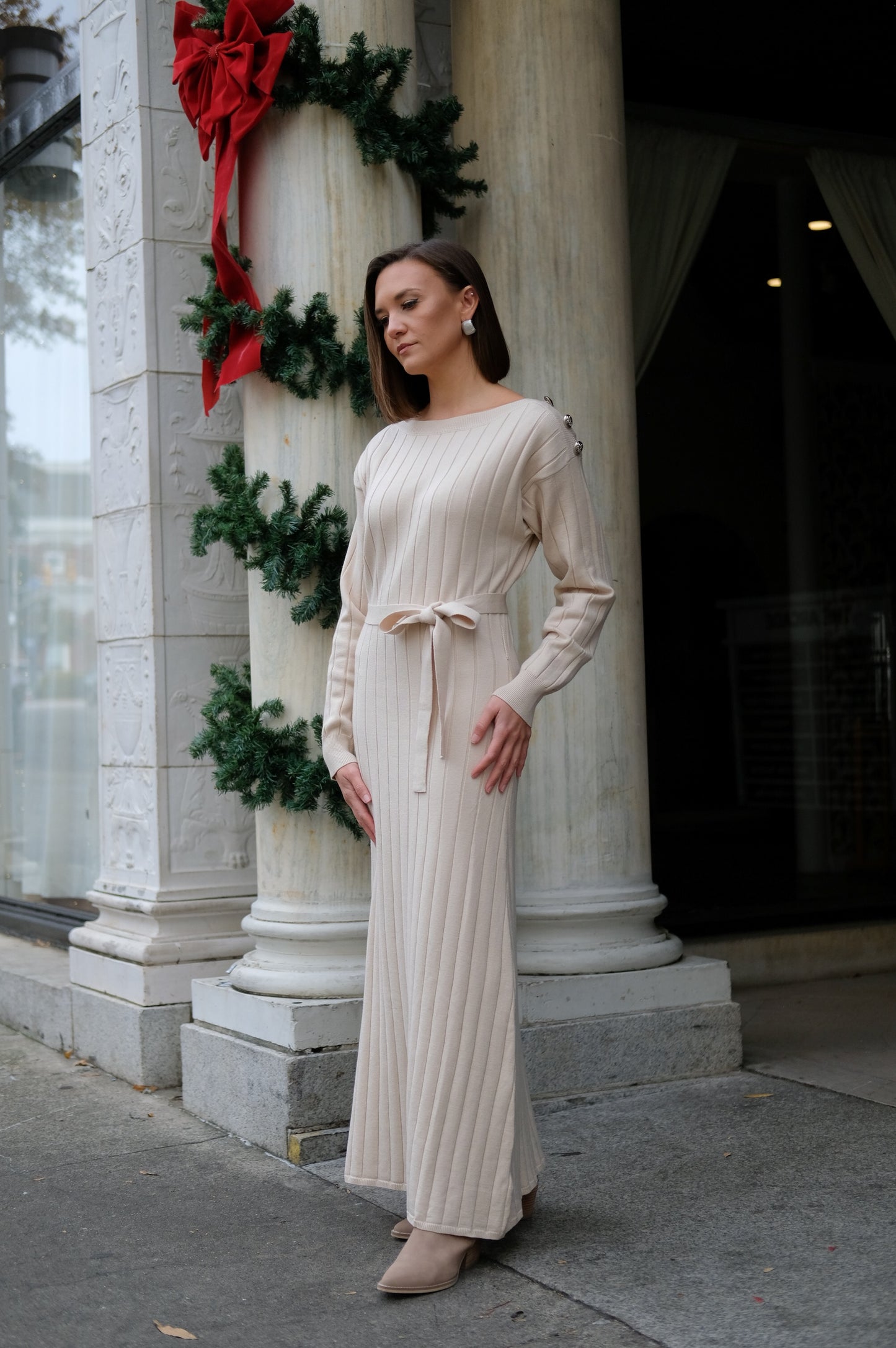 Boatneck Maxi Sweater Dress, ribbed with button shoulder detailing and belt