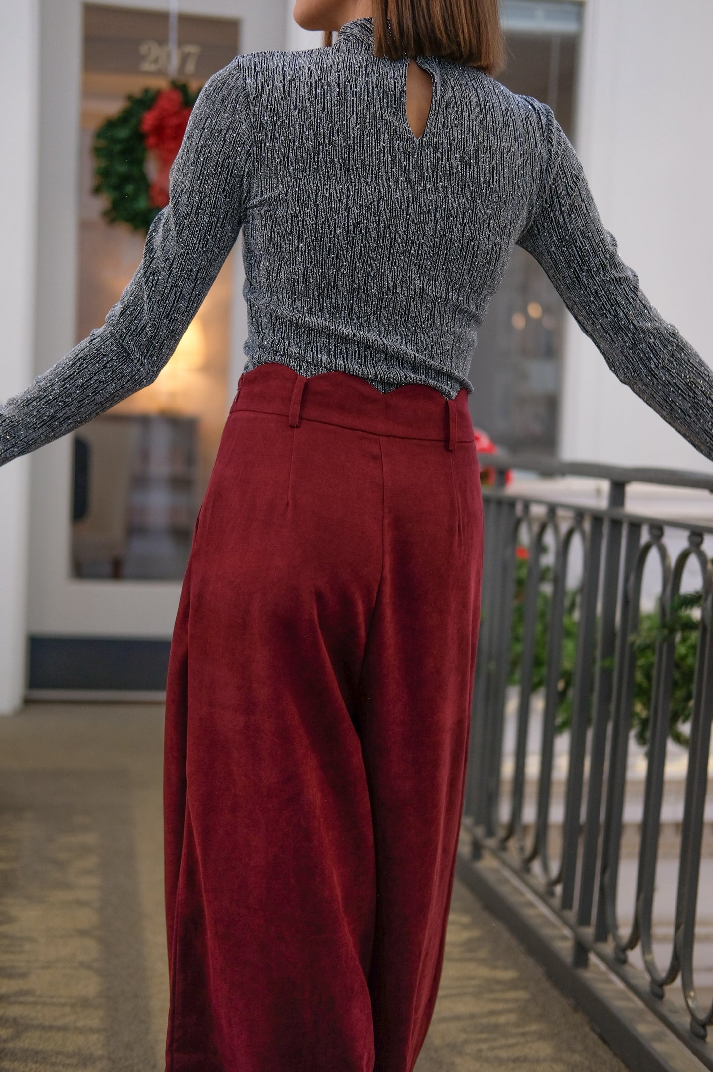 Red, Garnet, Crimson, Scarlet Work Pants with pleats and scalloped waistband