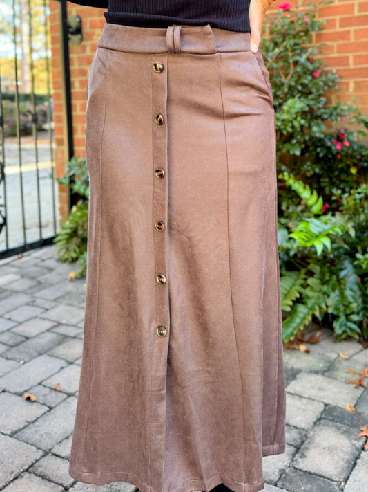 Brown Vegan Suede Midi Skirt