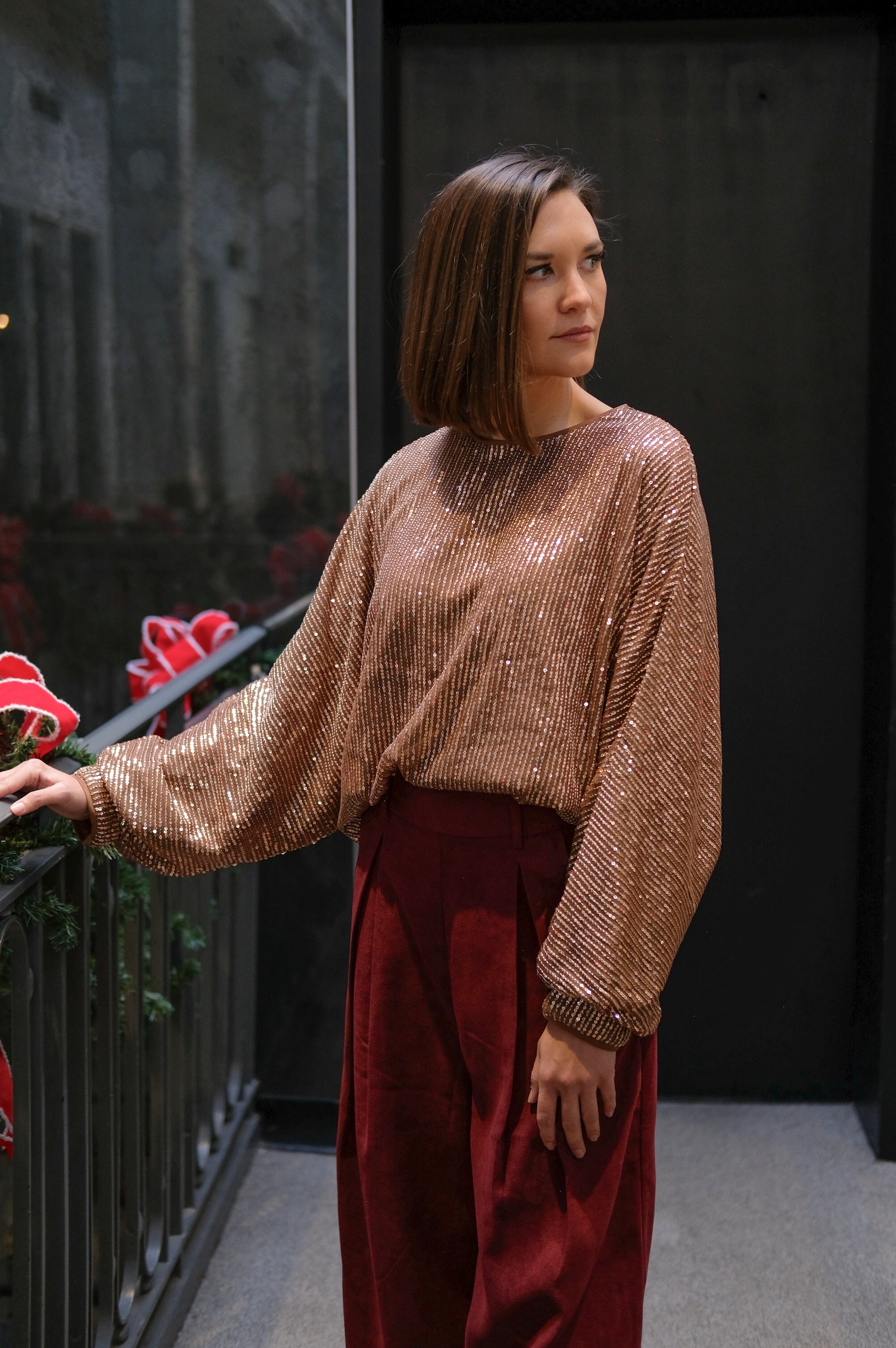 Sequined Gold Top, Holiday Party Shine, Dolman Sleeves and Loose Fit, workwear shirt