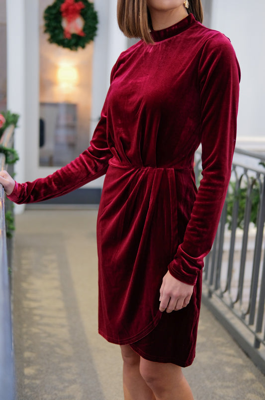 Velvet Mini Dress, burgundy red with long sleeves and gathered wrap waistline; this is the perfect holiday party dress