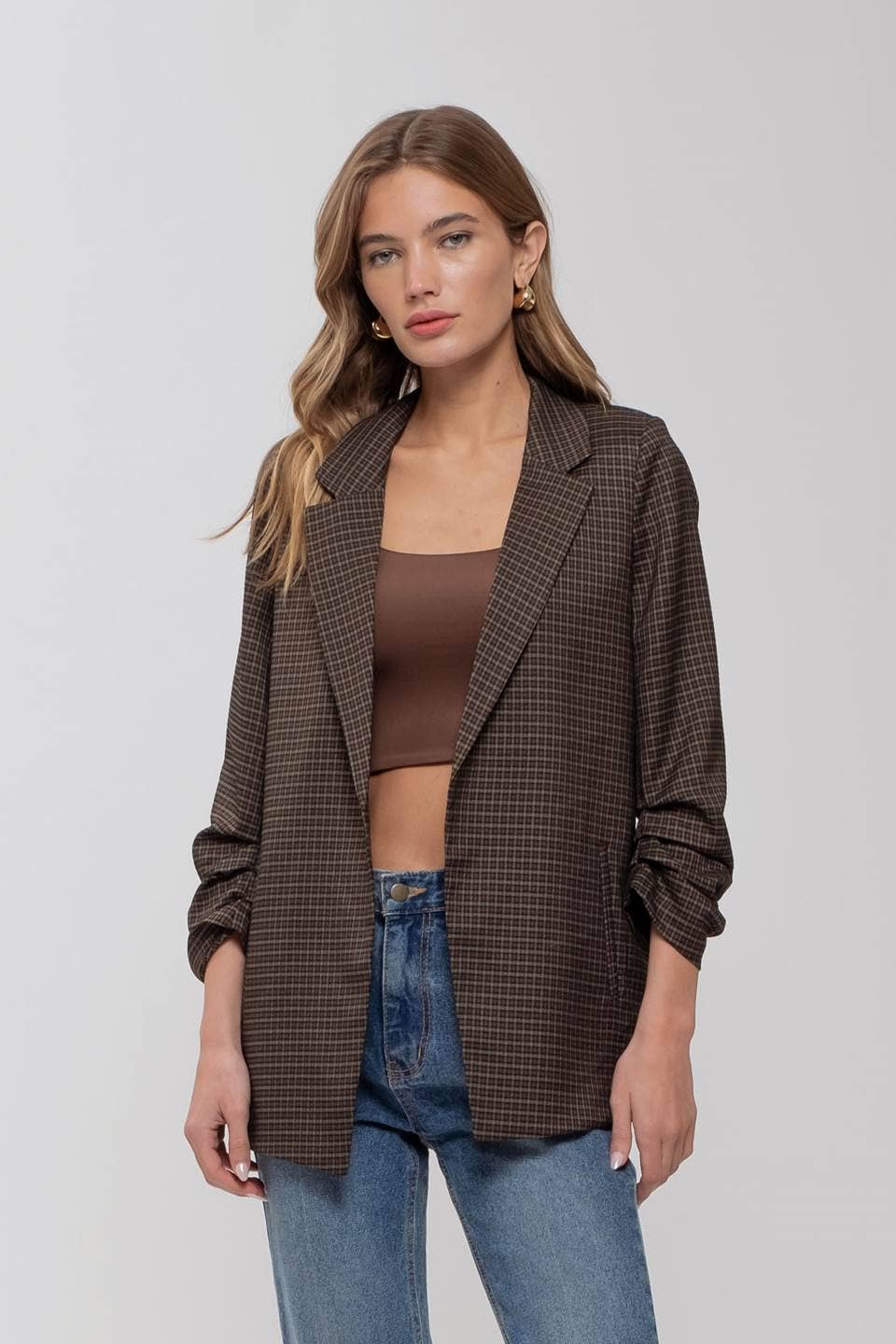 Plaid 3/4 Sleeve Blazer - Spiro