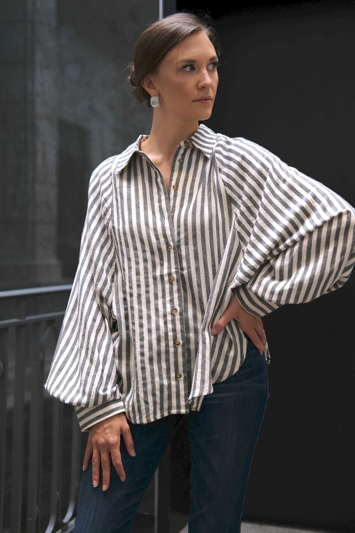 Striped Batwing Button Down Shirt - Spiro